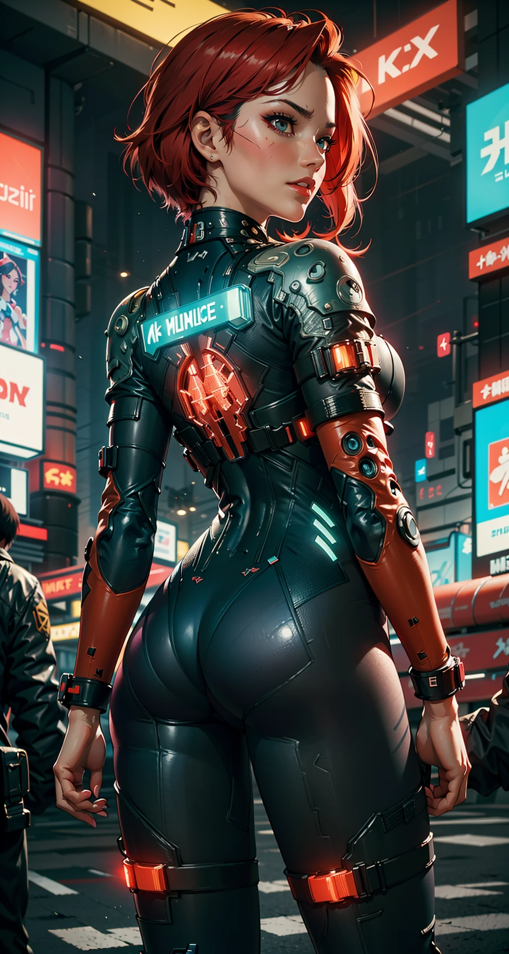 1girl, solo,(red bodysuit:1.3),background, neon color, science fiction, cyberpunk,ass  <lora:Bodysuit v13:0.8>