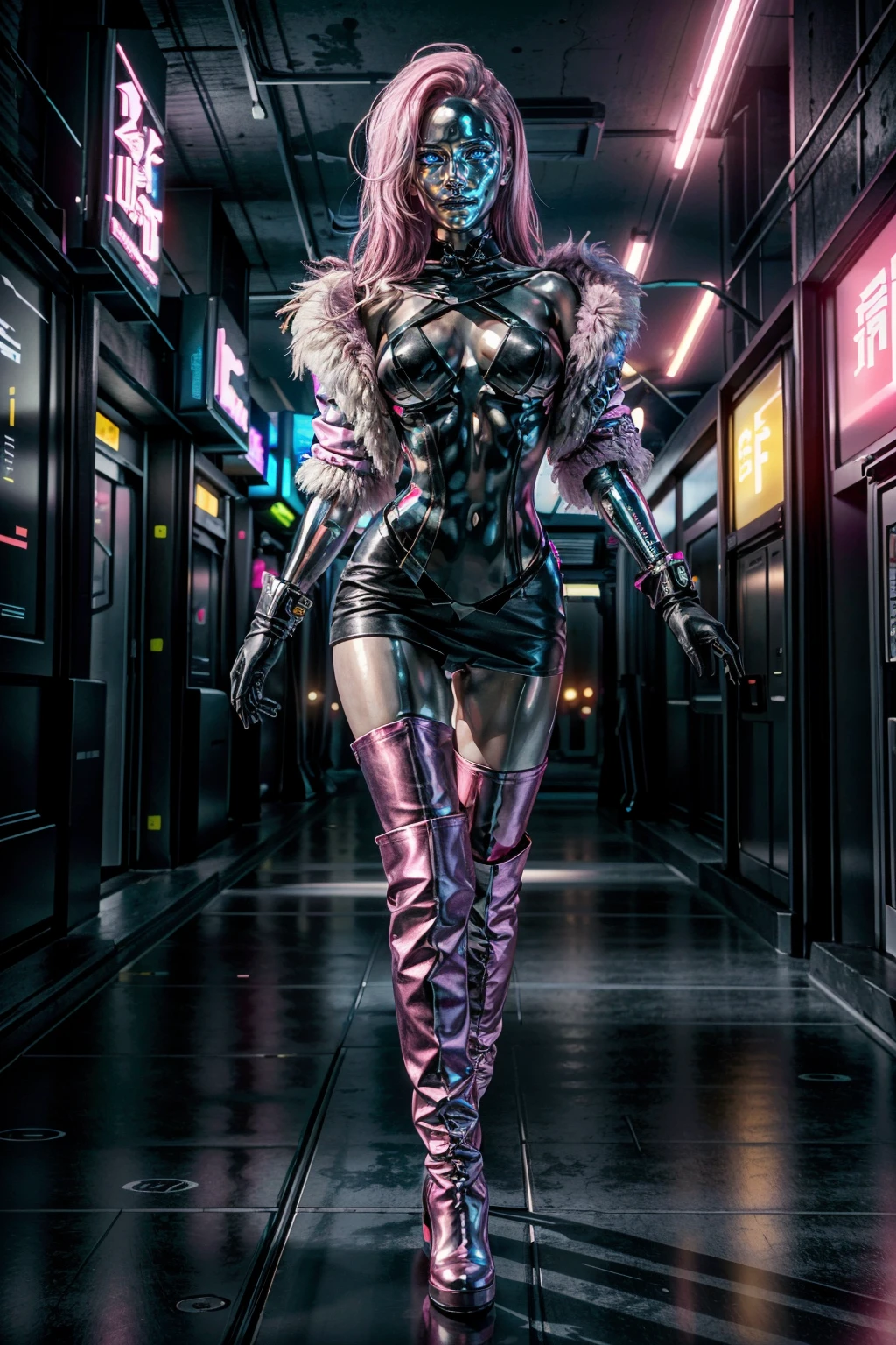 (masterpiece, best quality)
LizzyCyber, 1girl, solo, long hair, pink hair, breasts, looking at viewer, blue eyes, skirt, gloves, dress, jewelry, medium breasts, standing, jacket, full body, pink hair, multicolored hair, boots, open clothes, high heels, lips, fur trim, bodysuit, makeup, mask, glowing, glowing eyes, skin tight, walking, science fiction, cyberpunk, neon lights, hologram
<lora:epi_noiseoffset2:1>, <lora:add_detail:0.7>, <lora:LizzyCyber:0.8>