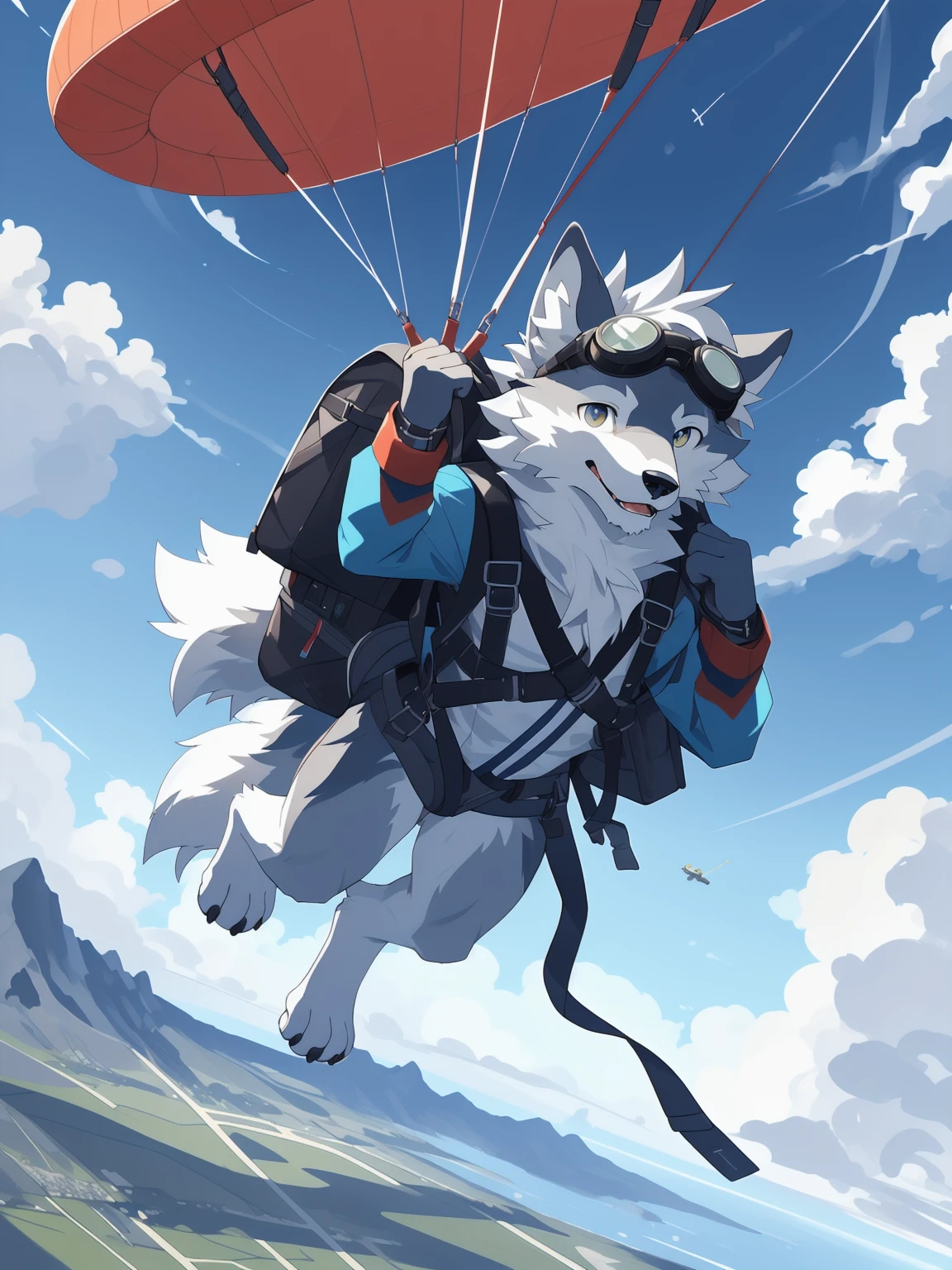 masterpiece, best quality, furry, wolf, solo, parachute, backpack, expansion, goggles, folded ears, dynamic angle, midair, sky, cloud, detailed background, blue sky, sunlight, (airplane:0.5),