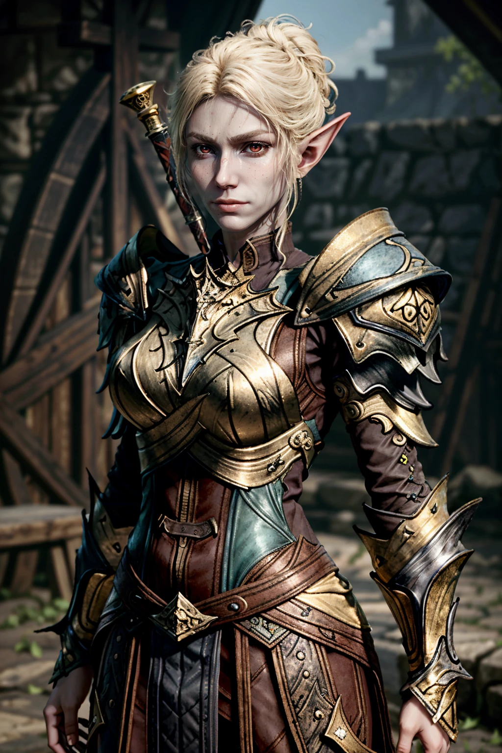(masterpiece, best quality)
MintharaBG, armor, 1girl, solo, pointy ears, blurry background, blonde hair, sword, weapon, elf, breastplate, looking at viewer, shoulder armor, blurry, realistic, colored skin, red eyes, pauldrons, cowboy shot
<lora:epi_noiseoffset2:1> <lora:add_detail:0.7> <lora:MintharaBG:0.8>