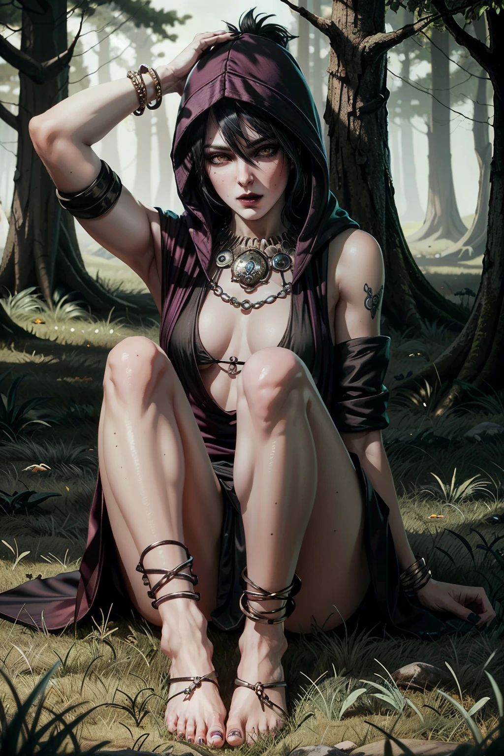 (masterpiece, best quality)
MorriganDA, 1girl, solo, long hair, breasts, looking at viewer, bangs, skirt, black hair, dress, hair between eyes, bare shoulders, jewelry, medium breasts, sitting, swimsuit, full body, bikini, outdoors, parted lips, barefoot, artist name, signature, hood, armpits, necklace, black eyes, arm up, feet, tree, lips, fingernails, makeup, toes, colored skin, facial mark, piercing, grass, lipstick, pale skin, nature, black nails, armband, breasts apart, bikini top only, armlet, hood up, forest, legs together, forehead mark, nose, anklet, facepaint, on ground, forehead jewel, purple skin, purple lips, mascara, crossed ankles, black lips
<lora:epi_noiseoffset2:1> <lora:add_detail:0.7> <lora:MorriganDA:1>