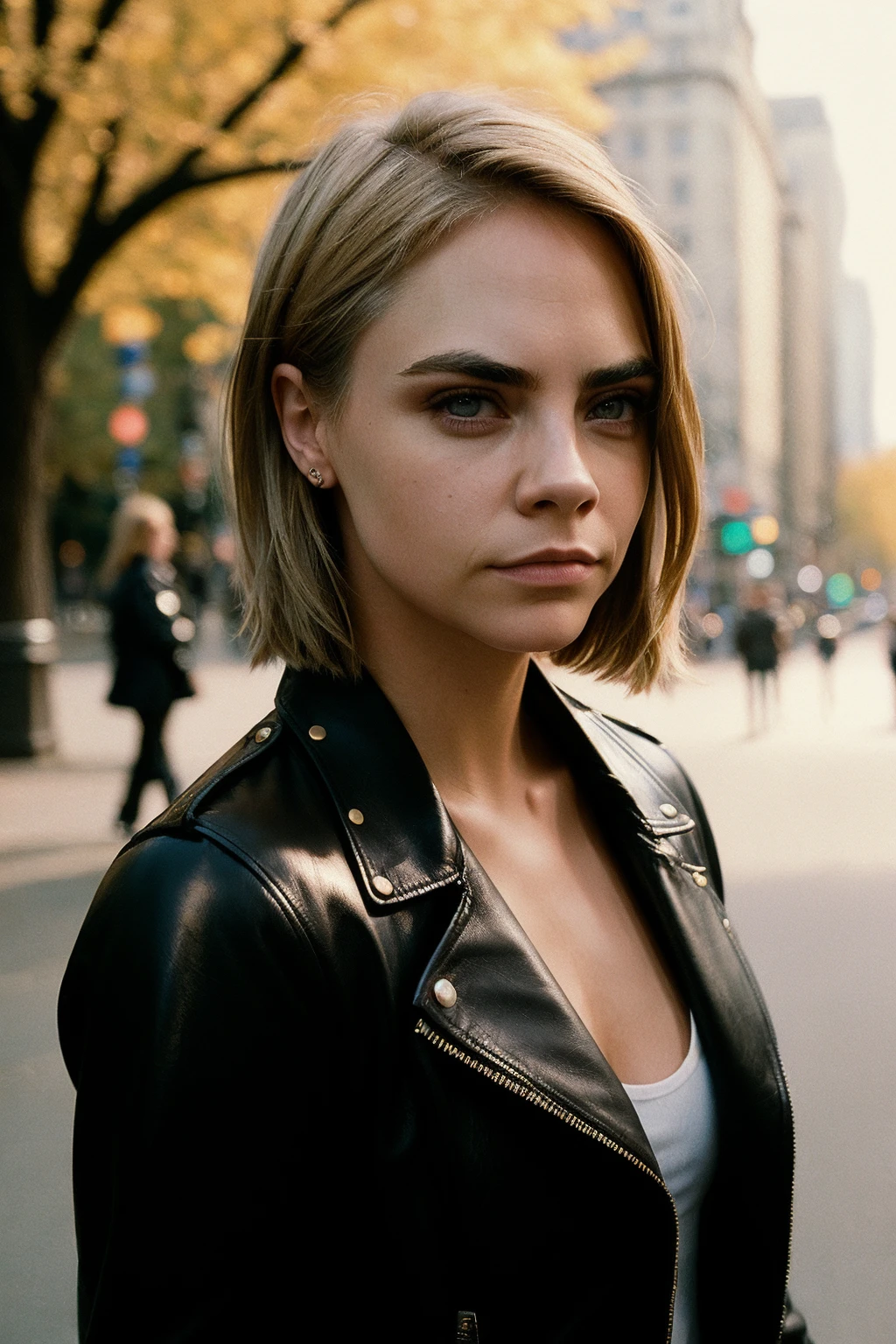 street photography of a woman,(caradelev1ngne_ti-4600:0.98) in her 30s,wearing a black leather jacket,walking in park, realistic photograph, detailed face, film grain,shot on hasselblad 500cm,golden hour,blonde side cut hair, in the style of tyler shields