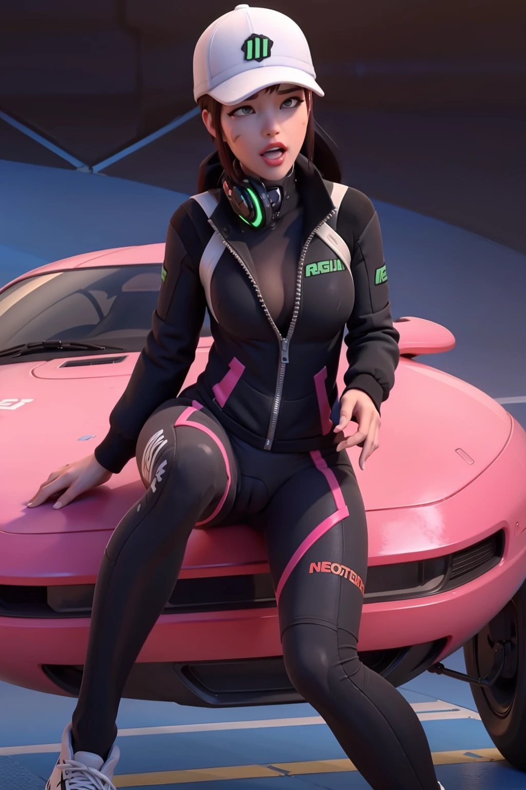 pretty woman with short purple hair and bare breasts covered by an x on each nipple sitting in a 1960s formula 1 car, realistic image 8k --auto --s2