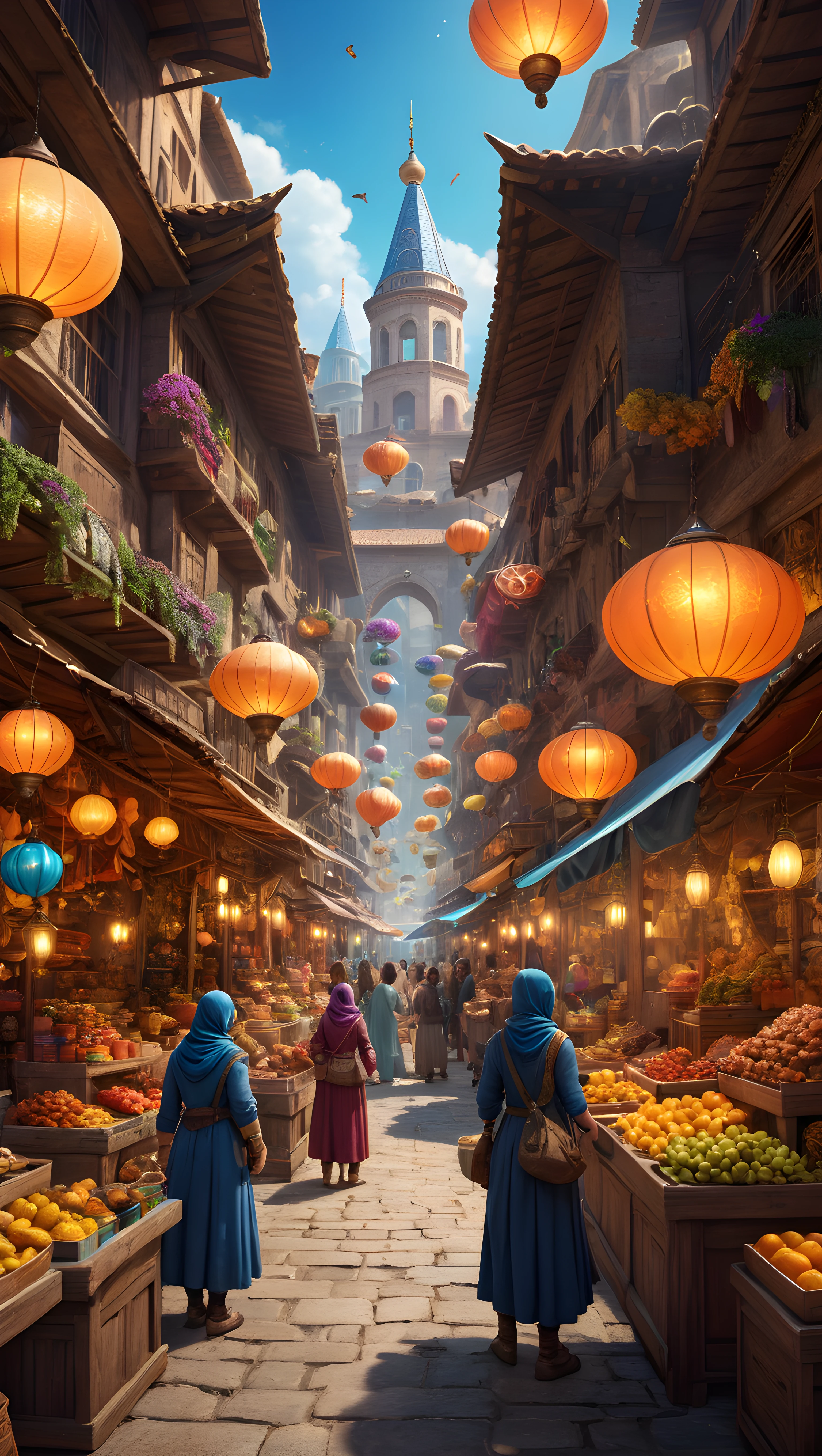 parallel universe, bazaar, marketplace scene, vendors, items, parallel universes, reality, imagination, intricate, masterpiece, best quality, highly detailed, sharp focus, dynamic lighting, vivid colors, texture detail, particle effects, storytelling elements, narrative flair, 16k, UE5, HDR, subject-background isolation