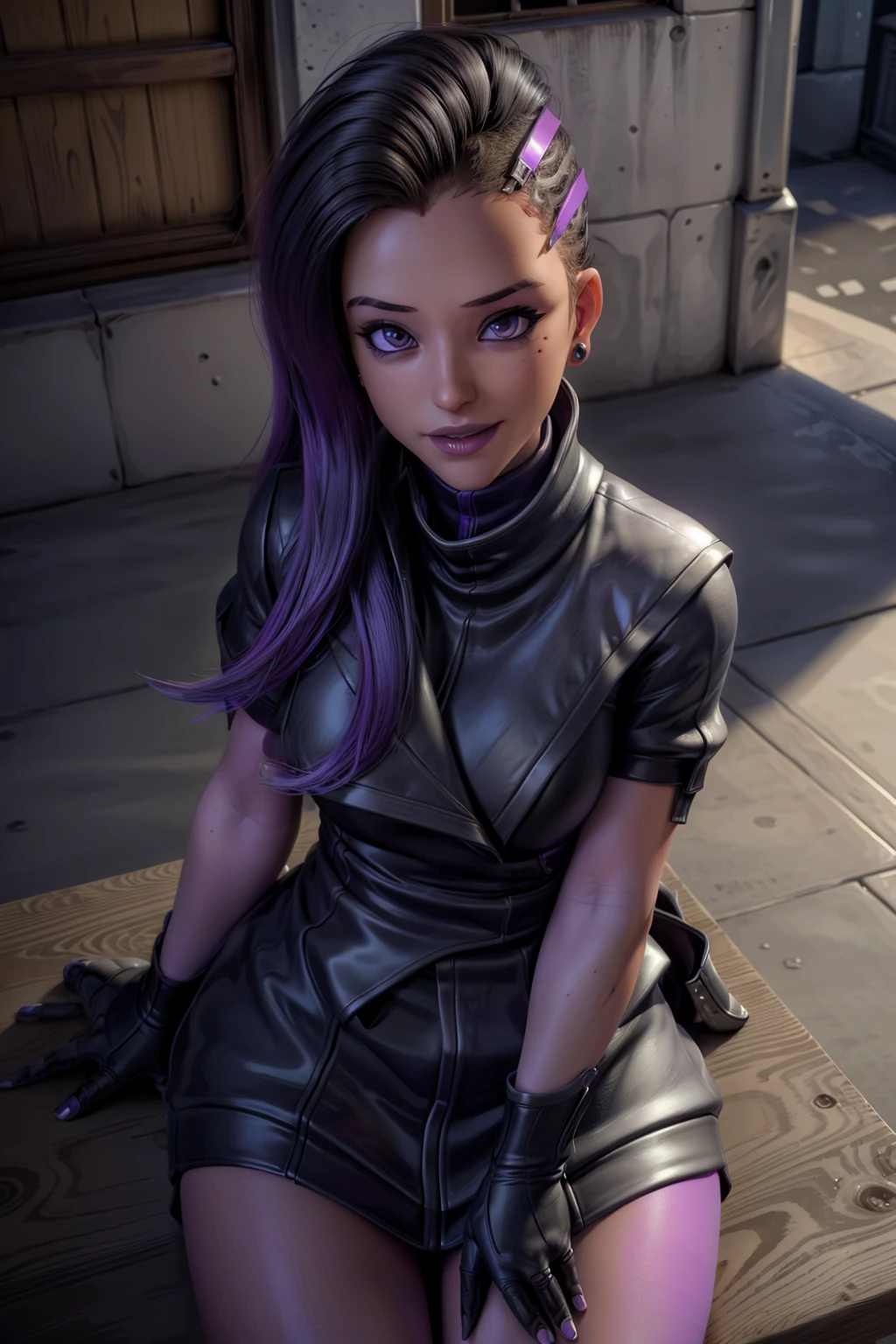 realistic, realism, photorealism, photo-realistic, high contrast, (photorealistic:1.4), 8k high definition detailed realistic, (best quality, masterpiece:1.2), NSFW, photon mapping, radiosity, physically-based rendering, best quality, highly detailed, 1girl, owsombra, full body, (outside, street,) sitting, looks at the viewer, smile,