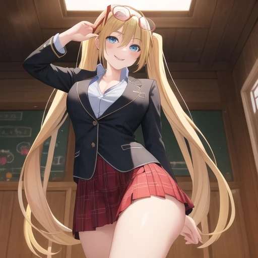 (masterpiece, best quality:1.2),illustration,8k,hd,1girl,solo,cowboy shot,very long hair,smile,fringe,blazer,blonde hair,blue eyes,breasts,plaid skirt,pleated skirt,red skirt,glasses,school uniform,hair between eyes,glasses on head,twintails,<lora:Selina Sherlock>,