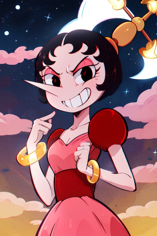 hilda, black hair, short hair, black eyes, pink skin,
red dress, gold bangle, head hair ornament,
standing, evil grin,
nighttime, cloud,
(insanely detailed, beautiful detailed face, masterpiece, best quality)
<lora:hildaberg-10:0.8>