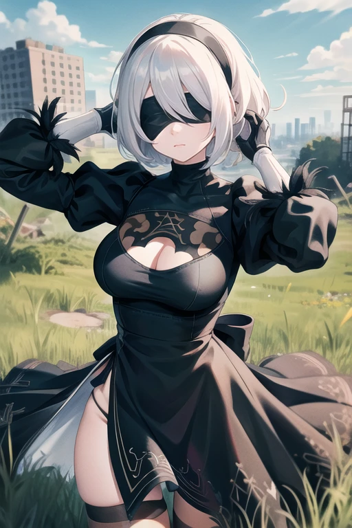 (masterpiece, highest quality, 8k, 16k, high quality, best quality:1.3, absurdres, highres),
cowboy shot,
BREAK 1girl, solo, hairband, blinfold, black dress, gloves, cleavage, yorha no. 2 type b, shiny skin, thighs, thigh gap, blindfold, puffy sleeves, expressionless, skirt, hand on head
outdoors, ruins of a city, overgrown, blue sky, grass, moss, destroyed city, destroyed houses, rubble, contraposto, <lora:2B:1>
<lora:GoodHands-vanilla:1>
