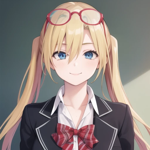 (masterpiece, best quality:1.2),illustration,8k,hd,1girl,solo,upper body,(portrait:1.2),very long hair,smile,fringe,blazer,blonde hair,blue eyes,breasts,plaid skirt,pleated skirt,red skirt,glasses,school uniform,hair between eyes,glasses on head,twintails,<lora:Selina Sherlock>,