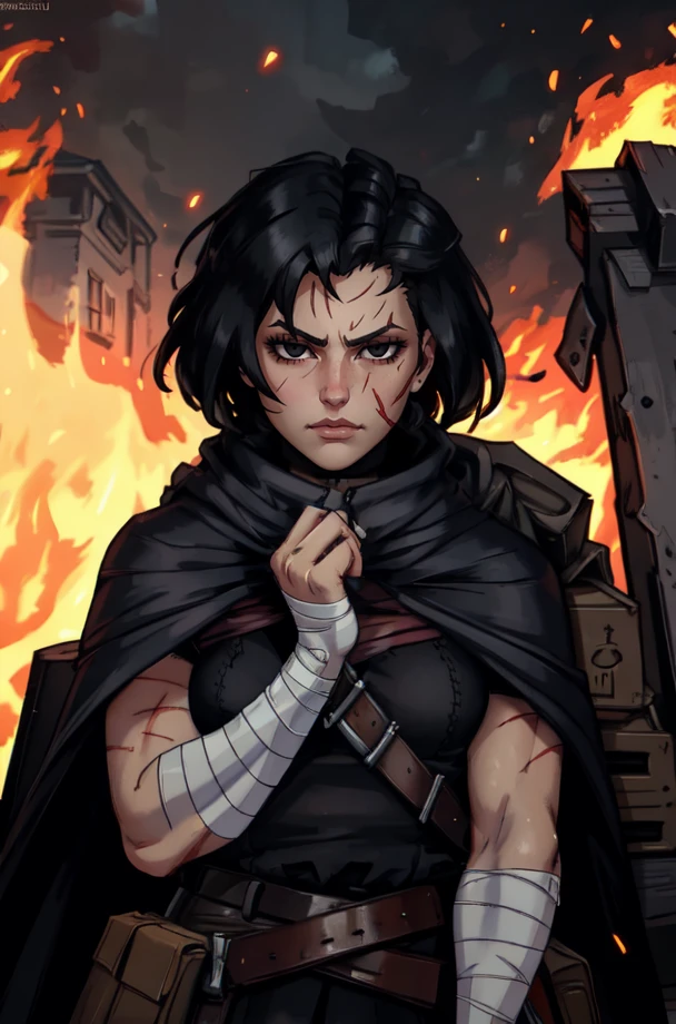 Rnway, black hair, short hair, scars, black eyes,
bandages, belt, torn clothes, cape, single glove, belt,
upper body, serious,
woods, dark, darkest dungeon, flames in background, solo,
(insanely detailed, beautiful detailed face, masterpiece, best quality)
<lora:Runaway-10:0.7>