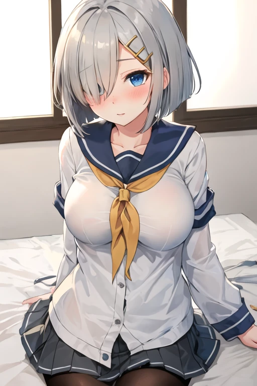 best quality, masterpiece, highres, solo, {hamakaze_kantaicollection:1.15}, blue_eyes, short_hair, grey_hair, hairclip, hair_ornament, hair_over_one_eye, breasts, large_breasts, blush, serafuku