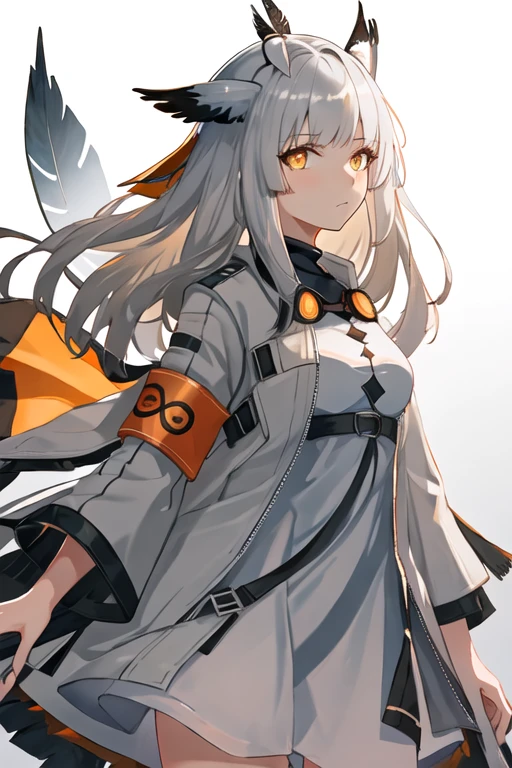 best quality, masterpiece, highres, solo, {ptilopsis_arknights:1.15}, bangs, owl_ears, long_hair, white_hair, orange_eyes, yellow_eyes, upper_body, grey_hair, closed_mouth, feather_hair, 1girl, dress, looking_at_viewer, white_dress, armband, pointy_hair, elite_ii_\(arknights\), from_side, jacket