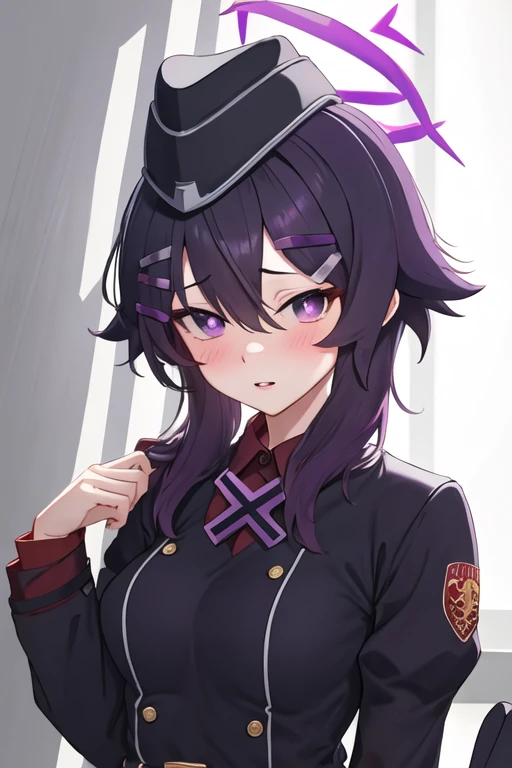 best quality, masterpiece, highres, solo, {haruka_bluearchive:1.15}, purple_hair, bangs, hair_between_eyes, purple_eyes, hair_ornament, halo, blush, hairclip, hat, garrison_cap, 1girl, collared_shirt, looking_at_viewer, parted_lips, red_shirt, shirt, simple_background, white_background, jacket, long_sleeves, medium_hair, upper_body, breasts