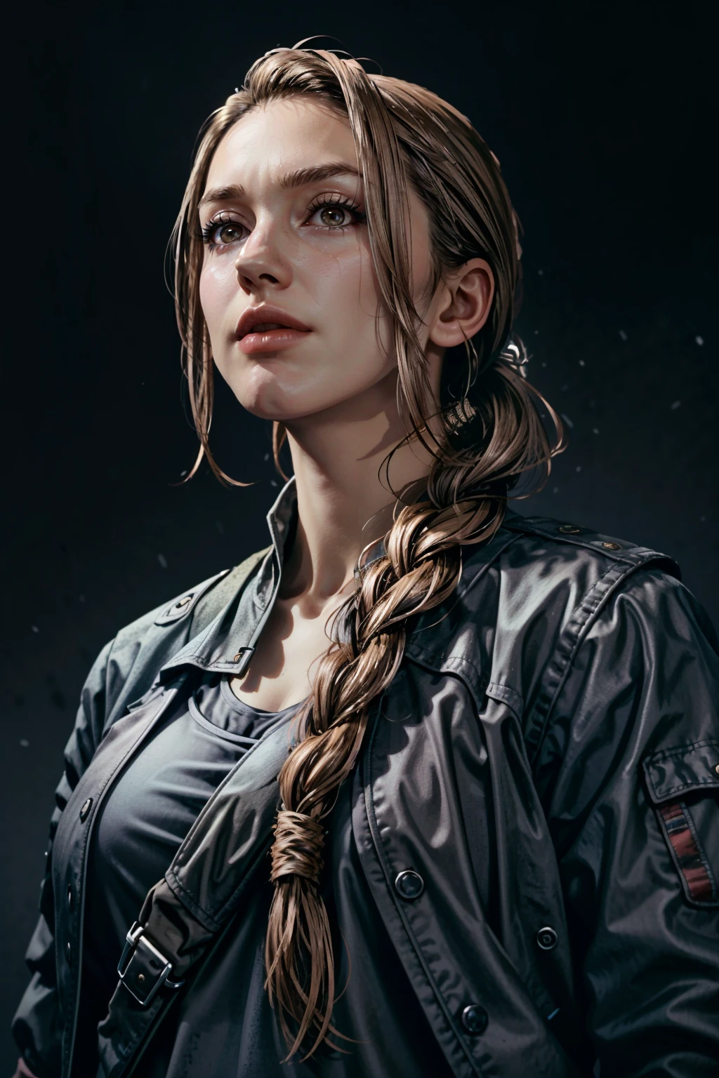 (masterpiece, best quality)
NorthDetroit, 1girl, solo, long hair, breasts, looking at viewer, bangs, blonde hair, simple background, brown hair, shirt, closed mouth, green eyes, jacket, upper body, braid, parted lips, open clothes, open jacket, lips, coat, black shirt, single braid, looking up, black background, hair over shoulder, braided ponytail, realistic
<lora:epi_noiseoffset2:1>  <lora:add_detail:0.7>  <lora:NorthDetroit:0.8>