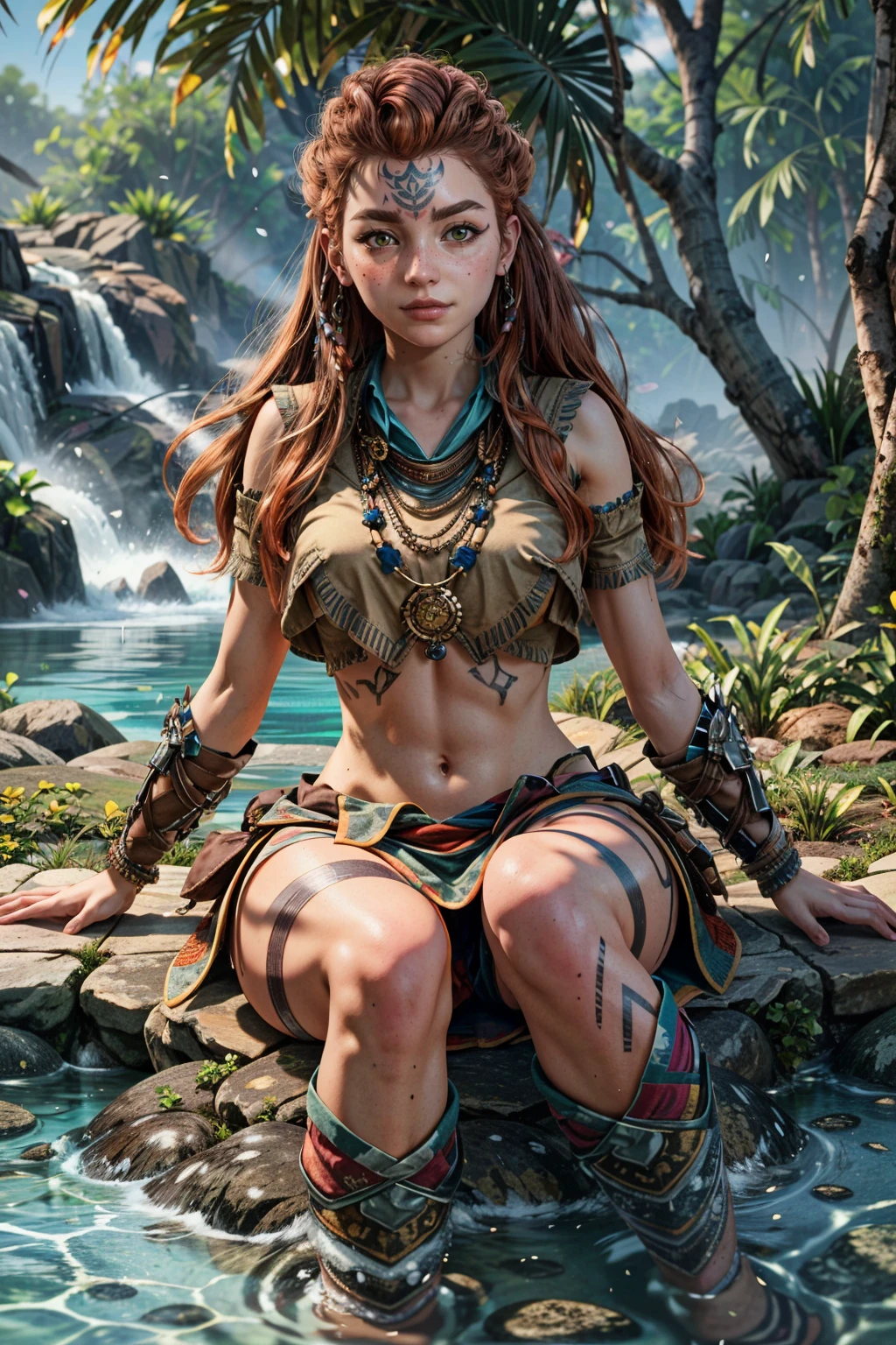 (( Aloy from game Horizon Zero Dawn)) full nude tonned body, perfect nude tits, in a forest laying on the grown, splash of sweat on his body
