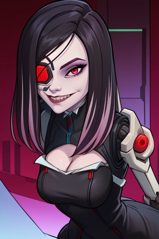 Beatrix, red eyes, pale skin, black hair, eyepatch,  mechanical arms, 
black dress, cleavage, 
 solo, upper body, standing, leaning forward,   smile, 
cyberpunk background, stars, 
(insanely detailed, beautiful detailed face, masterpiece, best quality) 
 <lora:Beatrix-10:0.7>