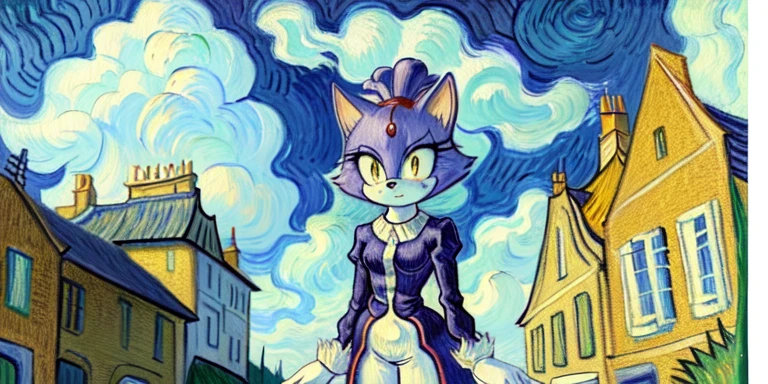 masterpiece, best quality, big hands, Blaze The Cat,  <lora:Blaze The Cat DAdapt BA Test 400epoch weightdecay 1 NAI-000240:1>, 1girl, gold necklace, white jumpsuit, animal_ears, closed_mouth, red forehead_jewel, fur-trimmed_gloves, fur_trim, furry, furry_female, gloves, long_sleeves, purple_coat, purple_hair, solo, standing, tied_hair, (topknot:1.3), white_gloves, white_pants, yellow_eyes, tail, photo background, (blue sky, cloud, painting \(medium\), oil painting \(medium\), vincent van gogh \(style\):1.3)