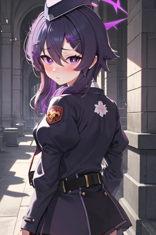 best quality, masterpiece, highres, solo, {haruka_bluearchive:1.15}, purple_hair, bangs, hair_between_eyes, purple_eyes, hair_ornament, halo, blush, hairclip, hat, garrison_cap
