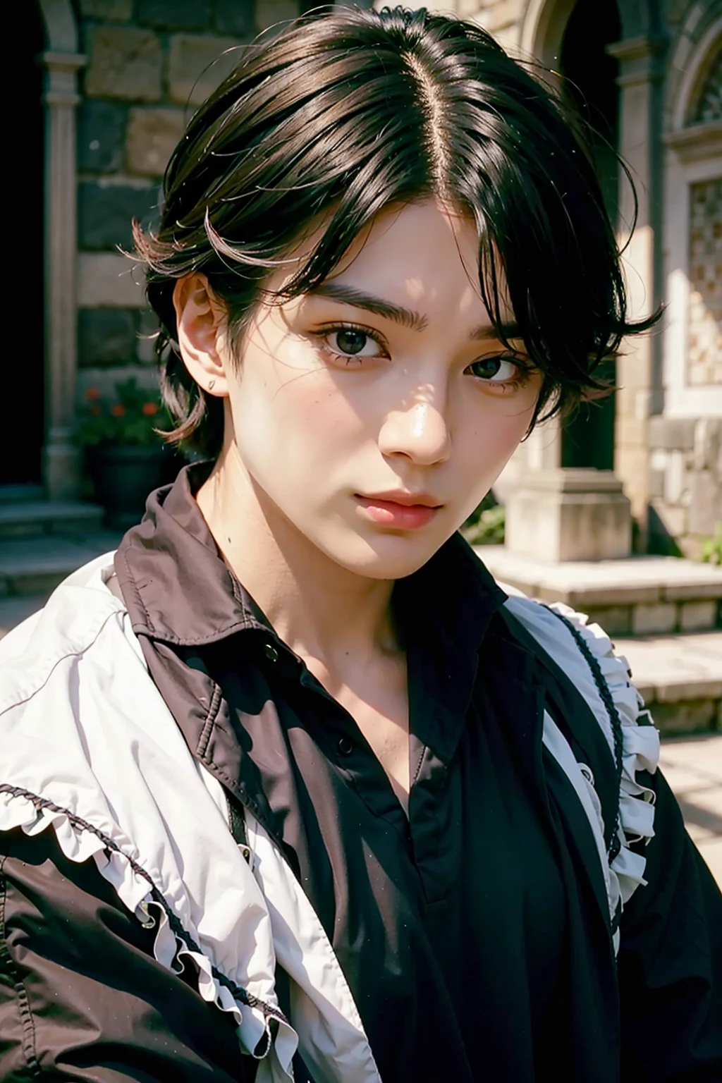 masterpiece, best quality, photorealistic, 1boy, solo, male focus, looking at viewer, black hair, black eyes, , medieval europe,<lora:Mackenyu-02:1>