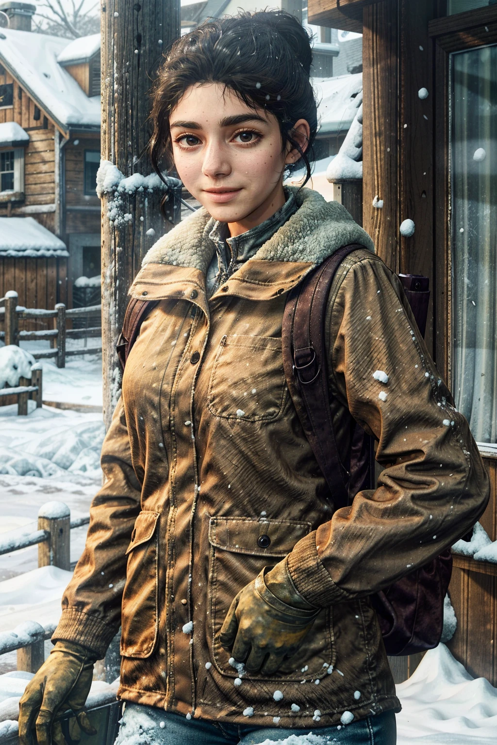 (masterpiece, best quality)
1girl, DinaTLOU2, solo, smile, gloves, long sleeves, holding, jacket, upper body, outdoors, bag, brown eyes, black hair, coat, looking to the side, window, backpack, snow, rain, brown jacket, snowing, realistic, brown coat
<lora:epi_noiseoffset2:1> <lora:add_detail:0.7> <lora:DinaTLOU2:0.9>