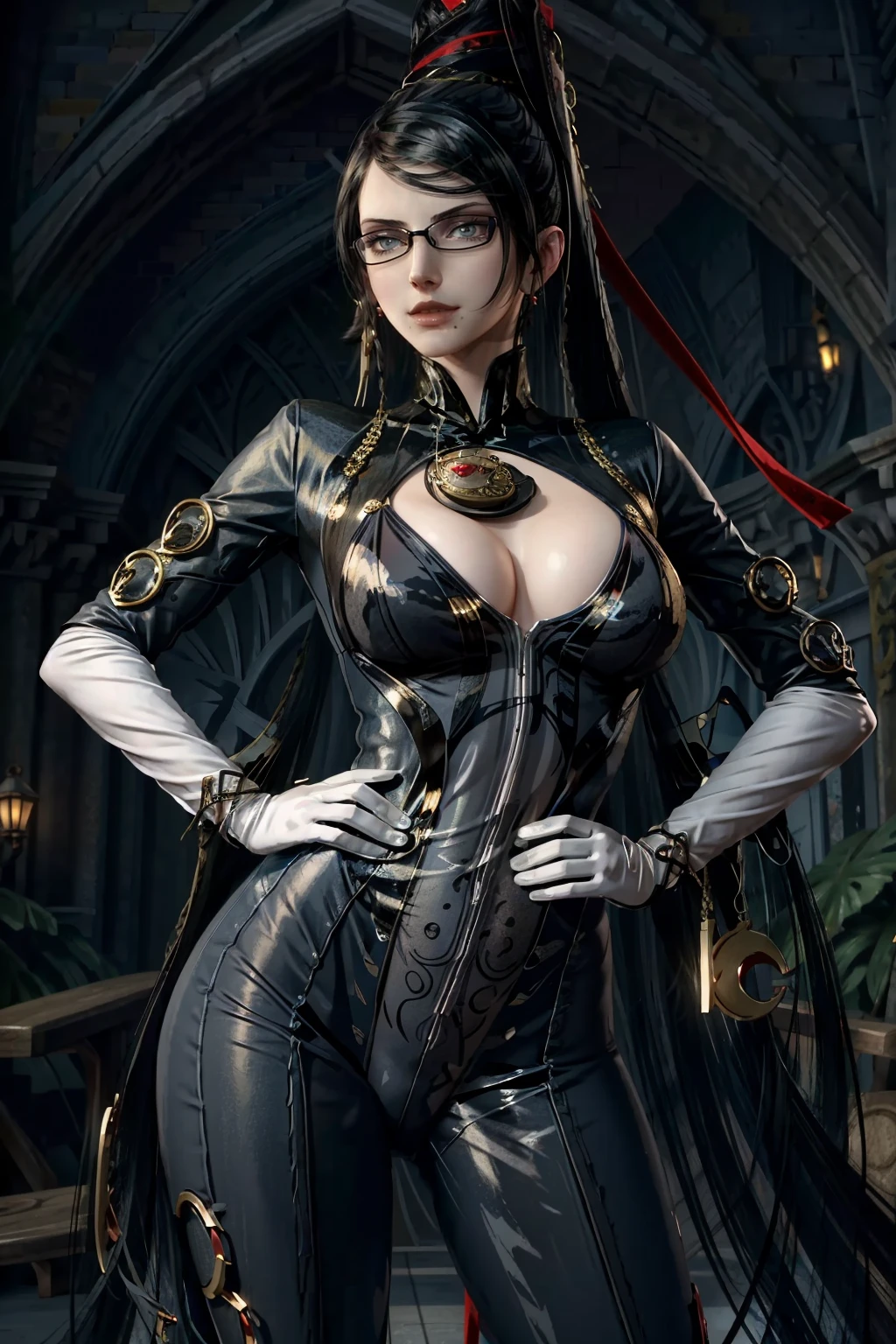 (masterpiece, best quality)
Bayonetta, solo, long hair, breasts, blue eyes, gloves, ribbon, jewelry, medium breasts, very long hair, standing, hair ribbon, ponytail, earrings, glasses, black hair, elbow gloves, white gloves, lips, hand on hip, clothing cutout, bodysuit, makeup, cleavage cutout, lipstick, eyeshadow, contrapposto, realistic, amulet, bayonetta, 1girl
<lora:epi_noiseoffset2:1> <lora:add_detail:0.7> <lora:Bayonetta:1>