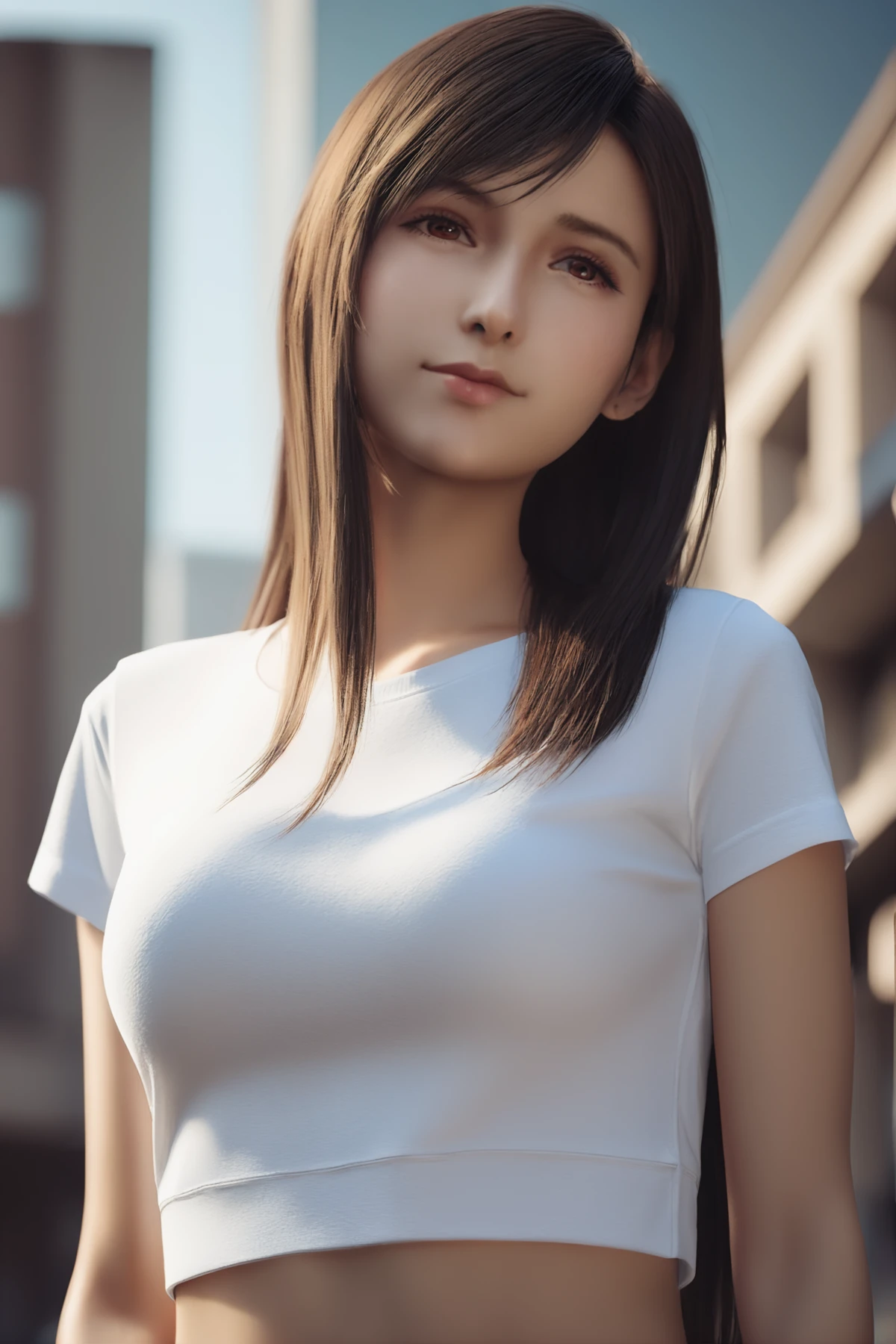 cinematic photo 1girl,tifa7re,upper_body,white t-shirt,<lora:tifa_re_sdxl_V1-000006:0.6>,denim shorts,city, . 35mm photograph, film, bokeh, professional, 4k, highly detailed