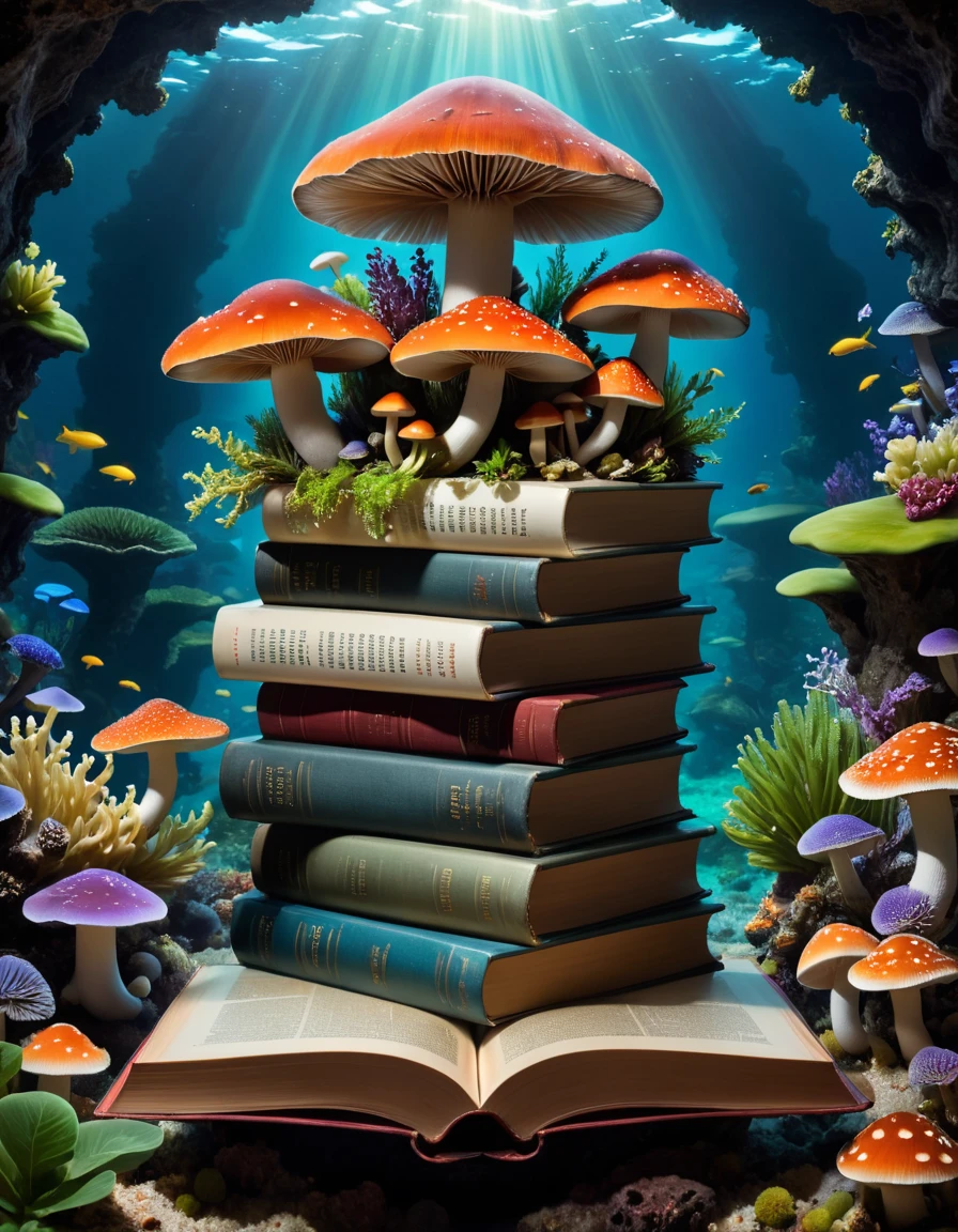 Long exposure photo of <lora:FF.81.sdxlYamersRealism_version2.lora:1> no humans, scenery, a group of mushrooms and other plants on a coral reef with corals and sea urns a stack of books sitting on top of each other, the art of books, books cave, book portrait, detailed book illustration, amazing depth, storybook art, 3 d epic illustrations, 3 d illutration, fantasy book, incredible depth, fantasy book illustration, creative book cover, book illustration, childrens book art, beautiful lit, magic book, amazing! quality a depth background, blurry 4 camera, olives meat, k, hd humans, no canon soup, close vegetable, focus, table, with photography, bowl, premium field, up sony shot on food fruit, egg, 5, eos bowl 6, styled high beans realistic, life, there noodles alpha dslr professional still blurry, commercial is 1 food, and r5, captured of r, food focus, no humans, still life, food, realistic, blurry,(by Artist Kelly McKernan:1.3),(Grunge Art:1.3) . Blurred motion, streaks of light, surreal, dreamy, ghosting effect, highly detailed