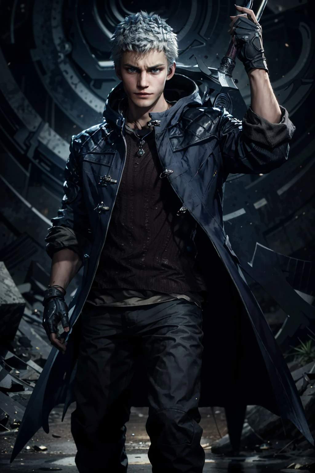 (masterpiece, best quality)
NeroDMC, solo, looking at viewer, short hair, blue eyes, shirt, gloves, closed mouth, standing, full body, weapon, male focus, boots, open clothes, black gloves, belt, 1boy, white hair, pants, sword, fingerless gloves, black footwear, coat, glowing, black pants, buckle, sleeves rolled up, single glove, ice, open coat, black coat, crystal, belt buckle, blue coat, weapon on back
<lora:epi_noiseoffset2:1> <lora:add_detail:0.7> <lora:NeroDMC:0.9>
