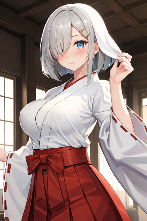 masterpiece,Top image quality,hight resolution,imagem 4k,Raw photo,Photorealsitic,{Solo},teens girl,Embarrassment,Silver Shorthair,frontage,stare at each other,Wet,Blue eyes,shrine maiden,big breasts