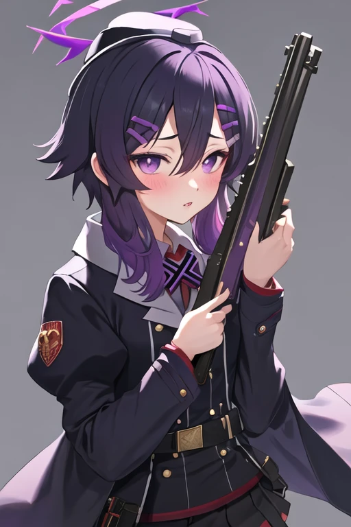 best quality, masterpiece, highres, solo, {haruka_bluearchive:1.15}, purple_hair, bangs, hair_between_eyes, purple_eyes, hair_ornament, halo, blush, hairclip, hat, garrison_cap, 1girl, gun, holding, holding_weapon, jacket, long_sleeves, shotgun, weapon, holding_gun, juliet_sleeves, looking_at_viewer, puffy_sleeves, grey_background, simple_background, purple_headwear, parted_lips, skirt, upper_body
