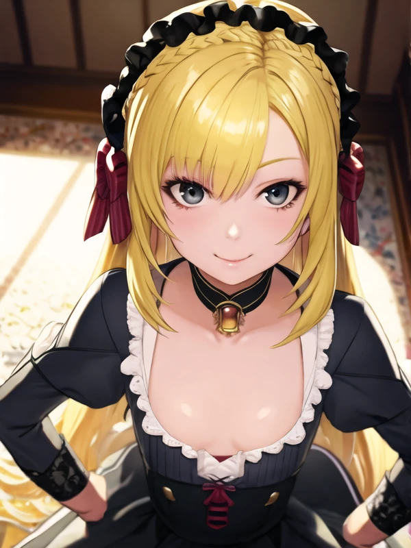 (hyper extreme detailed), (masterpeace), (hyper extreme), (photorealistic), CG, llustration, novel illustration, game cg,(large filesize:0),(doujin cover:0),(decensored:0),(nomal anatomy:1), (perfect anatomy:1), (good anatomy:1.0), (perfect body:1), (reproduced face:1),solo,1girl,indoors,(pregnant:0),(pussy:0),(cum in pussy:0),(impregnation:0),(ahegao smile:0),(completely nude:0),(nude:0), <lora:uzuki_kou_v1:0.9>uzuki_kou,blonde hair,braid,flat chest,clown,black dress,pantyhose,long skirt,standing,