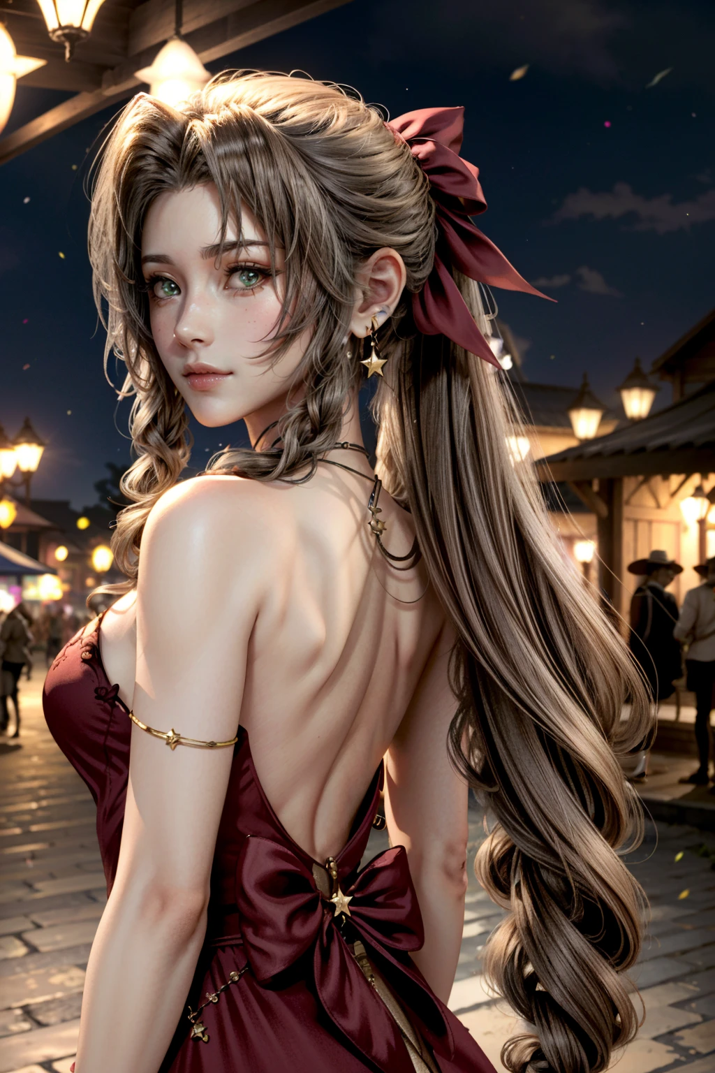 (masterpiece, best quality)
AerithFF7, 1girl, solo, long hair, breasts, looking at viewer, smile, bangs, brown hair, hair ornament, dress, bow, ribbon, bare shoulders, jewelry, medium breasts, very long hair, green eyes, hair ribbon, ponytail, flower, sidelocks, cowboy shot, earrings, looking back, hair flower, from behind, star (symbol), bracelet, official alternate costume, lips, parted bangs, looking to the side, bare arms, strapless, sideboob, back, drill hair, red dress, red flower, strapless dress, twin drills, side slit, backless outfit, long dress, bare back, back bow, backless dress, star earrings, bokeh, ringlets
<lora:epi_noiseoffset2:1> <lora:add_detail:0.7> <lora:AerithFF7:0.8>