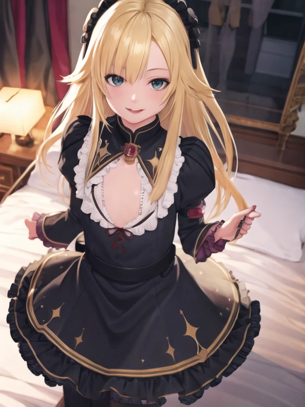 (hyper extreme detailed), (masterpeace), (hyper extreme), (photorealistic), CG, llustration, novel illustration, game cg,(large filesize:0),(doujin cover:0),(decensored:0),(nomal anatomy:1), (perfect anatomy:1), (good anatomy:1.0), (perfect body:1), (reproduced face:1),solo,1girl,indoors,(pregnant:0),(pussy:0),(cum in pussy:0),(impregnation:0),(ahegao smile:0),(completely nude:0),(nude:0), <lora:uzuki_kou_v1:0.9>uzuki_kou,blonde hair,braid,flat chest,clown,black dress,pantyhose,long skirt,standing,