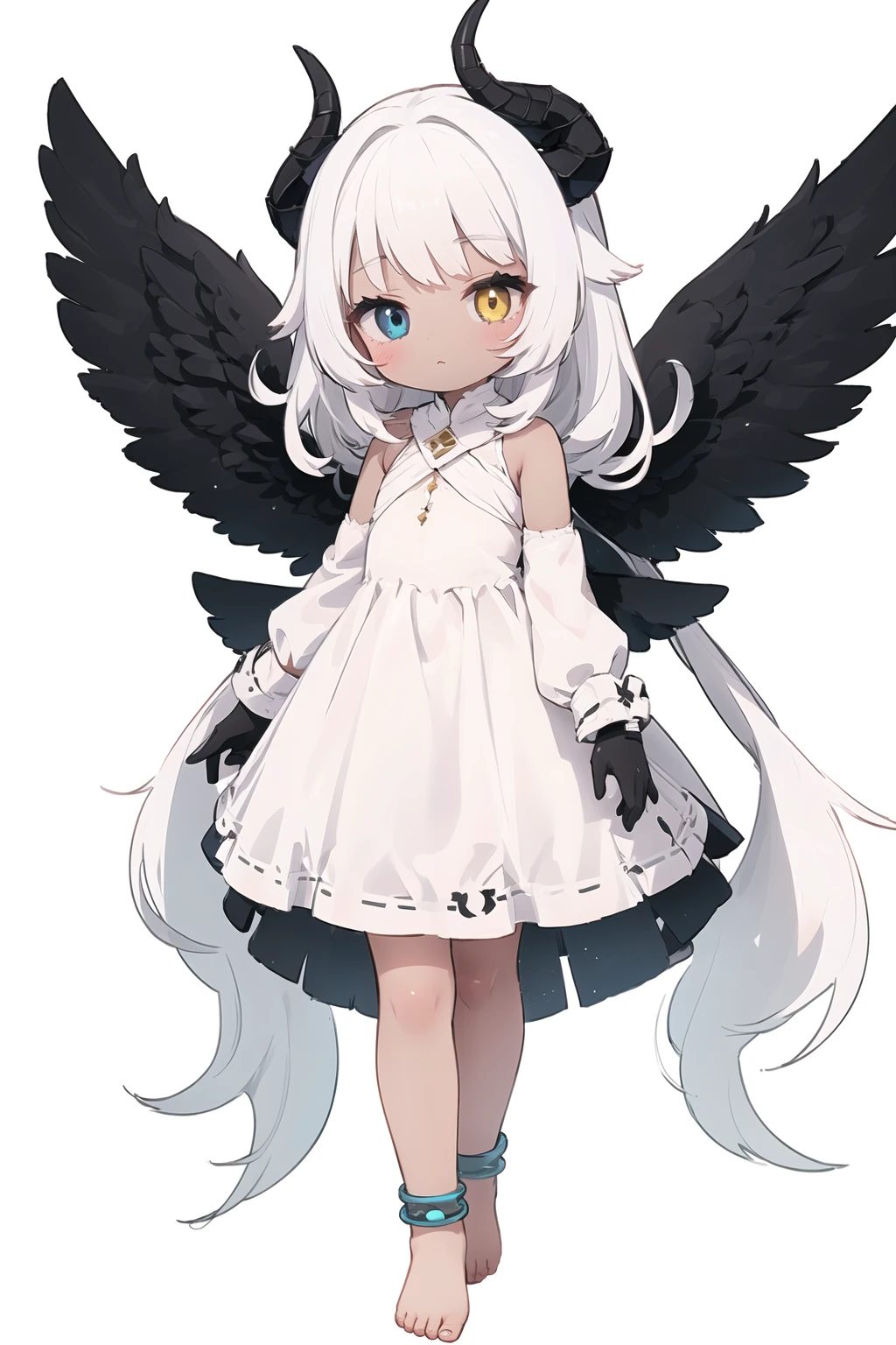 solo, child,1girl, horns, wings, heterochromia, dress, barefoot, long hair, white background, yellow eyes, white hair, simple background, white dress, black wings, jewelry, full body, very long hair, feathered wings, eyebrows visible through hair, looking at viewer, bare shoulders, dark skin, anklet, dark-skinned female, bangs, black eyes, gloves, black gloves, curled horns, closed mouth, sketch, long sleeves