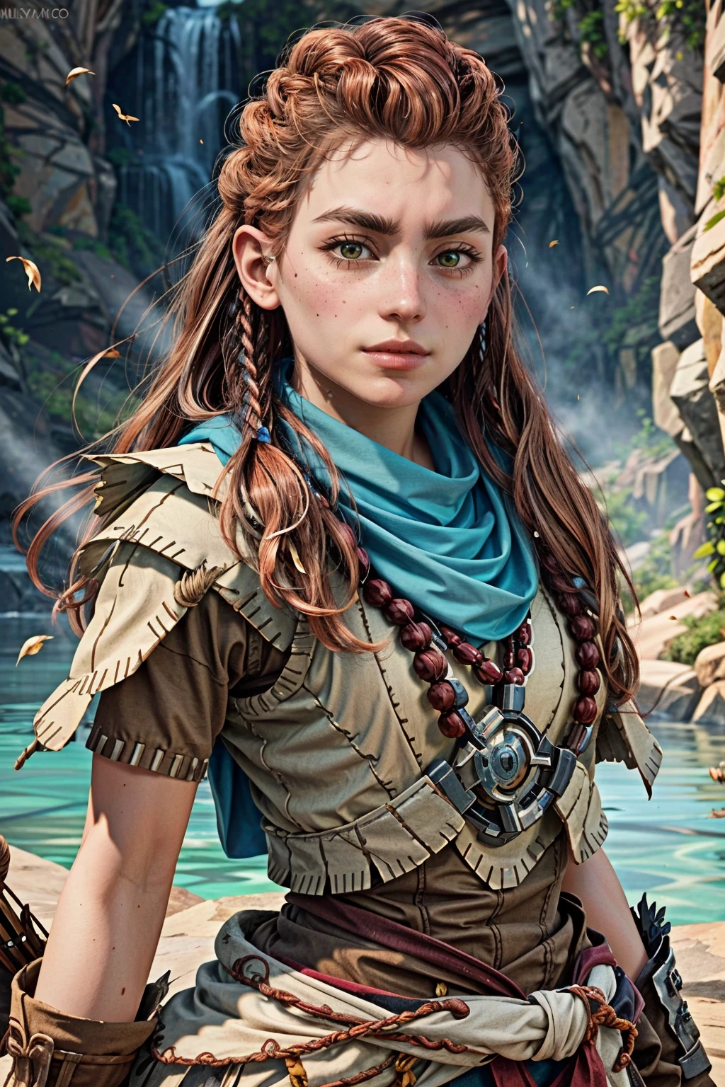 (masterpiece, best quality)
1girl, AloyHorizon, solo, long hair, brown hair, hair ornament, brown eyes, closed mouth, green eyes, upper body, braid, red hair, scarf, armor, lips, looking to the side, thick eyebrows, freckles, realistic, nose, blue scarf, tribal, multiple braids
<lora:epi_noiseoffset2:1>  <lora:add_detail:0.7>  <lora:AloyHorizon:0.8>
