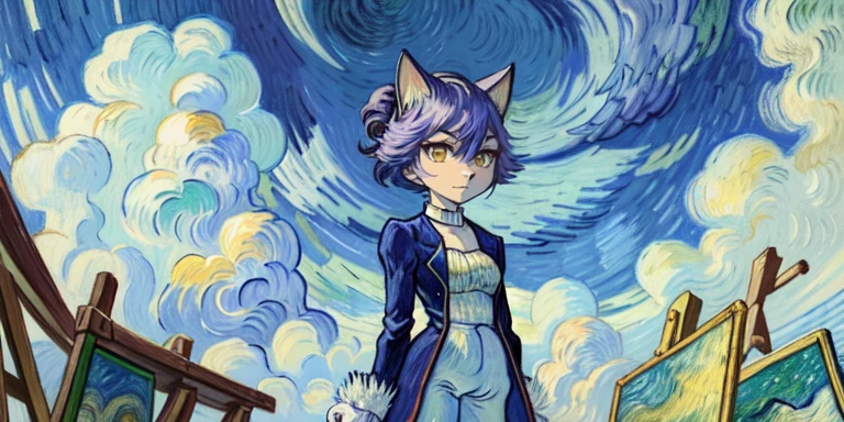 masterpiece, best quality, big hands, Blaze The Cat, <lora:Blaze The Cat DAdapt BA Test 400epoch weightdecay 1 NAI-000240:0.75>, 1girl, gold necklace, white jumpsuit, animal_ears, closed_mouth, red forehead_jewel, fur-trimmed_gloves, fur_trim, furry, furry_female, gloves, long_sleeves, purple_coat, purple_hair, solo, standing, tied_hair, (topknot:1.3), white_gloves, white_pants, yellow_eyes, tail, photo background, (blue sky, cloud, painting \(medium\), oil painting \(medium\), vincent van gogh \(style\):1.3)