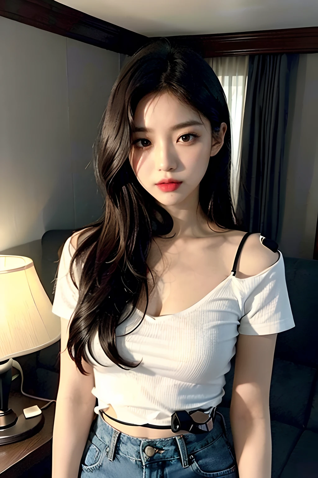 1girl, solo, korean, korea, korean girl, cute, lips, red lips, beautiful face and body, (real human skin:1.1, pores:1.1, high detailed pores skin:1.2), extremely detailed eyes and face, perfect eyes, detailed small vein skin, bright eyes, ((clear eyes:1.2)), RAW, (Masterpiece), 8k, uhd, raw photo, Best quality, Photo realistic, (film grain:1.3), (High quality shadow):1.4, professional lighting, (((cinematic light:1.3))), ((realistic lighting)), (((korea hotel, livingroom, beds, interior, lamp, window))), ((white wide short denim pants:1.2, black square neck sleevless shirt:1.2, medium breast:1.2)), ((shoulder length hair:1.5, black_brown color hair))