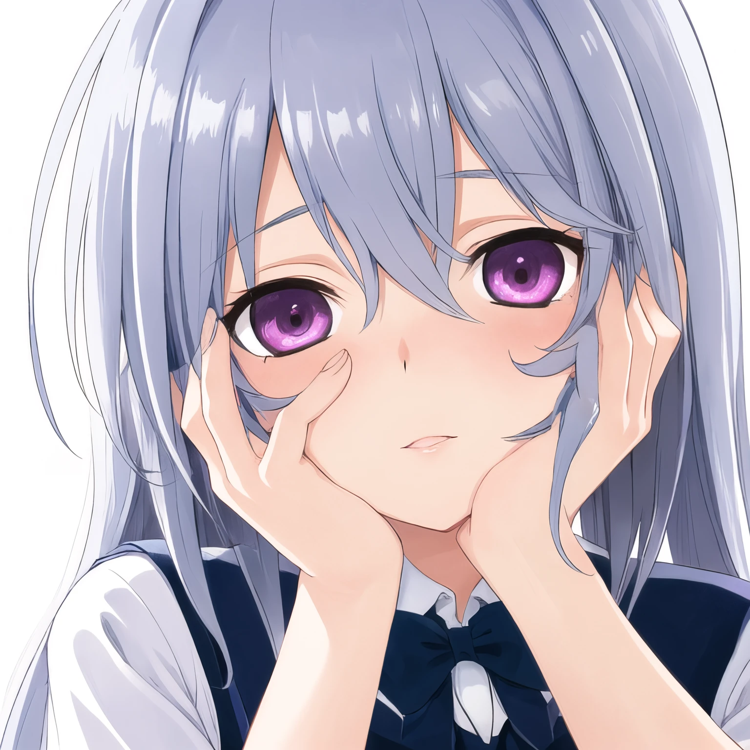 best quality, masterpiece, ultra-detailed, kazami kazuki, silver hair, 1 girl, solo,  long hair, purple eyes, school uniform, yandere trance, yandere hands on own face,hands on own cheeks, closeup