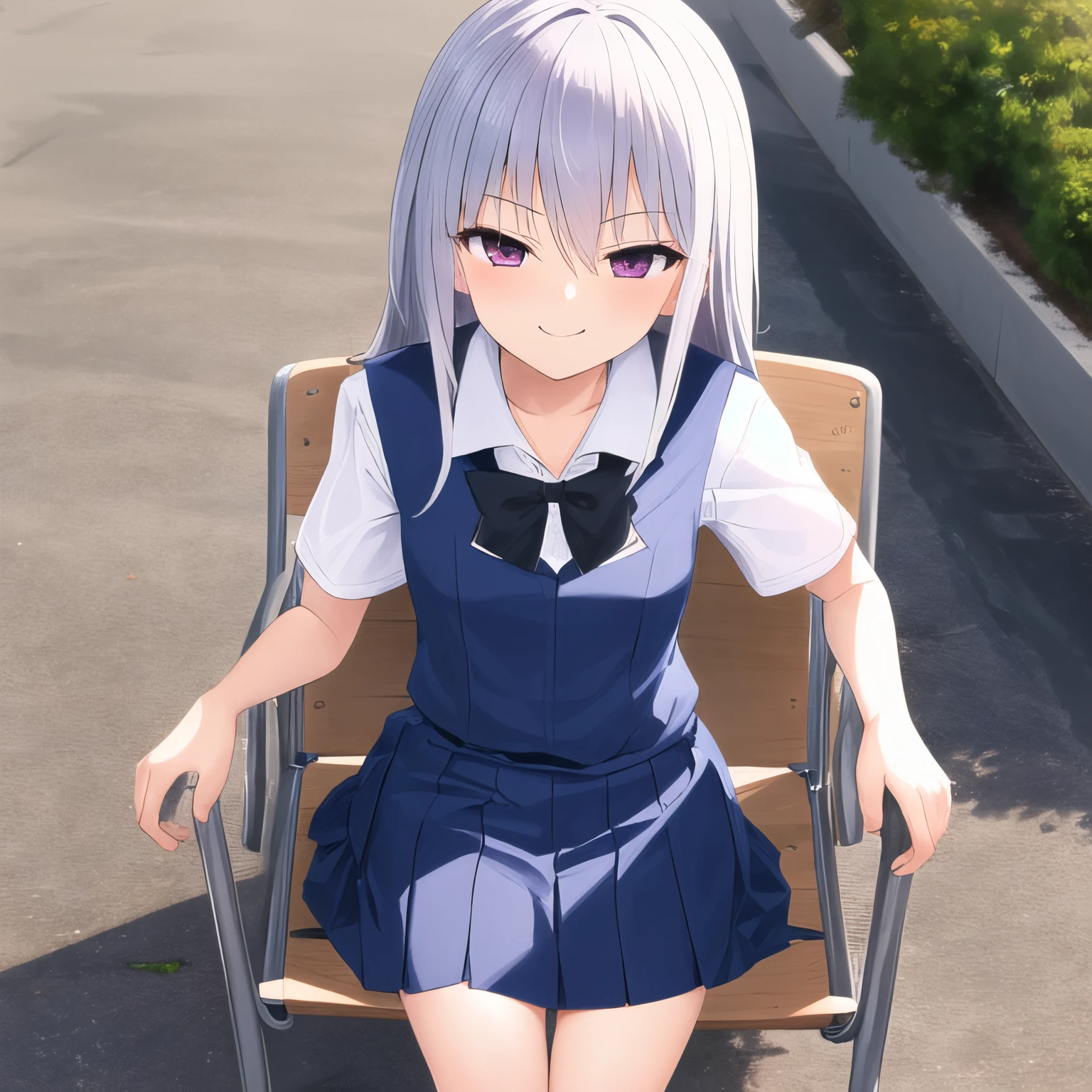 best quality, masterpiece, ultra-detailed, kazami kazuki, silver hair, 1 girl, solo, standing, long hair, purple eyes, school uniform, sitting, chair, sitting on chair, outdoors, smug smile