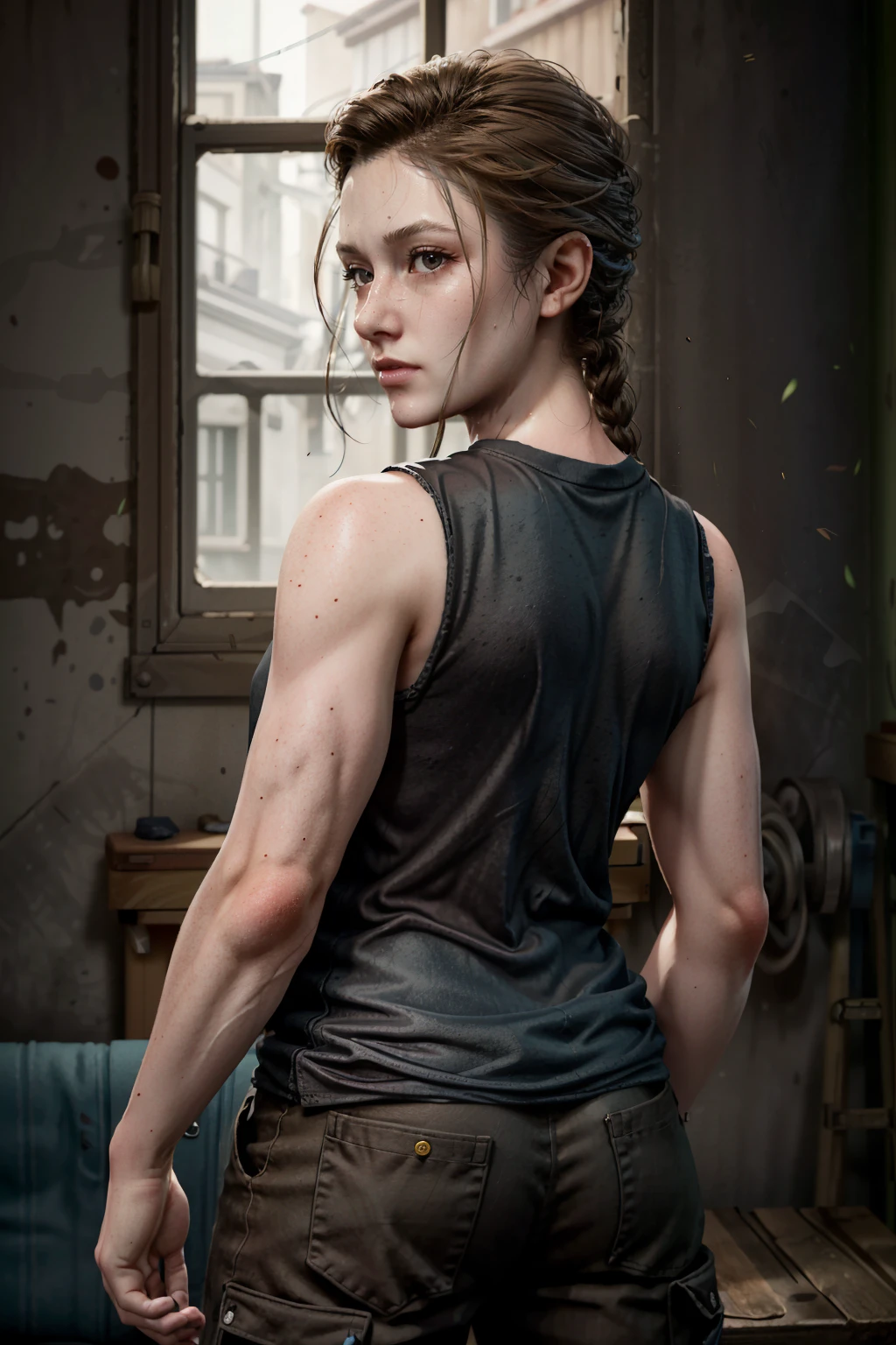 (masterpiece, best quality)
1girl, AbbyTLOU2, solo, looking at viewer, short hair, brown hair, shirt, black hair, bare shoulders, brown eyes, jewelry, closed mouth, standing, braid, cowboy shot, sleeveless, looking back, pants, from behind, lips, looking to the side, bare arms, black shirt, sleeveless shirt, profile, realistic, dark
<lora:epi_noiseoffset2:1> <lora:add_detail:0.7> <lora:AbbyTLOU2:0.9>