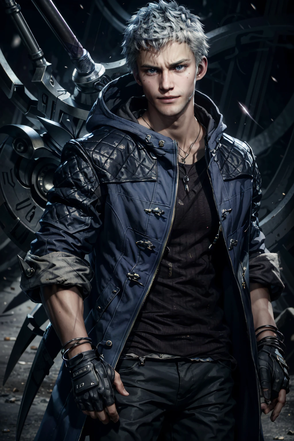 (masterpiece, best quality)
NeroDMC, solo, looking at viewer, smile, short hair, blue eyes, shirt, gloves, holding, jewelry, closed mouth, standing, collarbone, jacket, weapon, male focus, cowboy shot, parted lips, open clothes, black gloves, pants, sword, hood, fingerless gloves, 1boy, white hair, necklace, holding weapon, bracelet, dated, coat, torn clothes, glowing, holding sword, black pants, hood down, red shirt, clenched hand, sleeves rolled up, zipper, open coat, black coat, zipper pull tab, over shoulder, mechanical arms, weapon over shoulder, single mechanical arm, blue coat, prosthesis, prosthetic arm, sword over shoulder
<lora:epi_noiseoffset2:1> <lora:add_detail:0.7> <lora:NeroDMC:0.8>