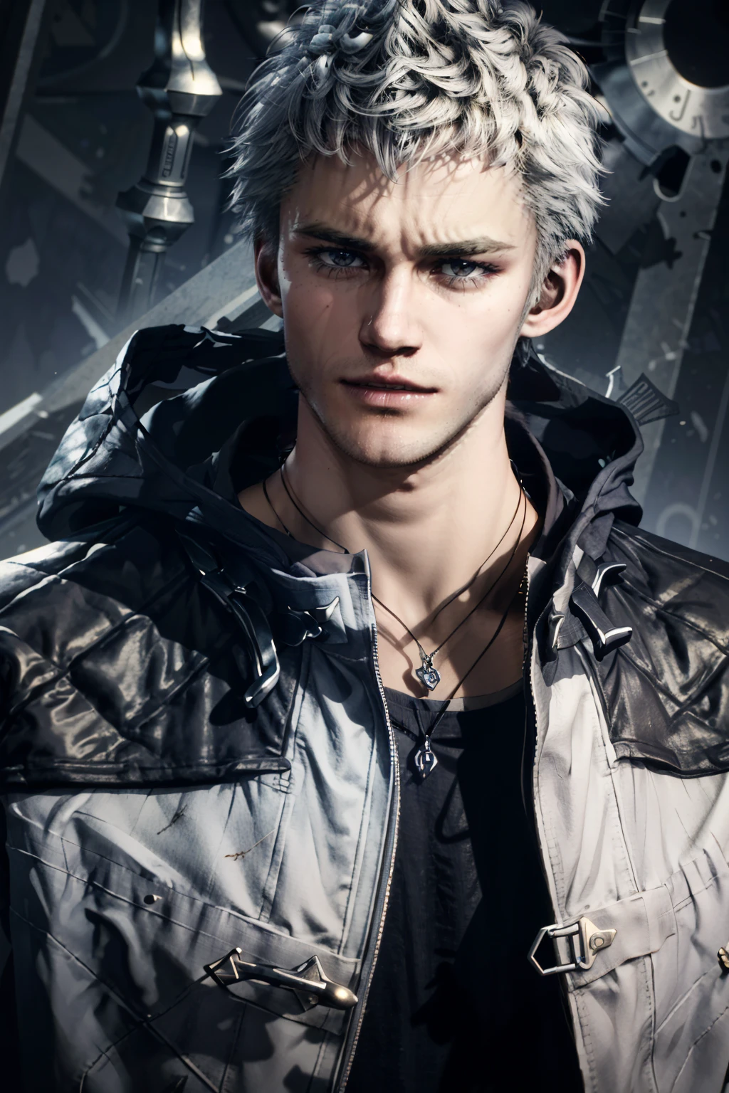 (masterpiece, best quality)
NeroDMC, solo, looking at viewer, short hair, blue eyes, simple background, shirt, jewelry, jacket, upper body, 1boy, white hair, grey hair, male focus, parted lips, open clothes, necklace, open jacket, lips, black jacket, black shirt, realistic, leather, leather jacket
<lora:epi_noiseoffset2:1> <lora:add_detail:0.7> <lora:NeroDMC:0.9>