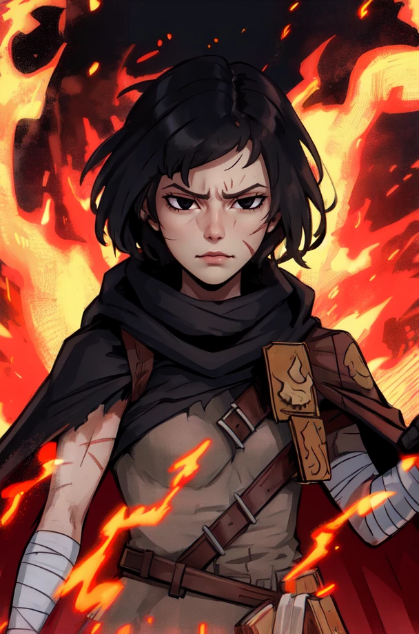 Rnway, black hair, short hair, scars, black eyes,
bandages, belt, torn clothes, cape, single glove, belt, 
upper body, serious,    standing,
woods, dark, darkest dungeon, flames in background,  solo, 
(insanely detailed, beautiful detailed face, masterpiece, best quality)
 <lora:Runaway-10:0.7>