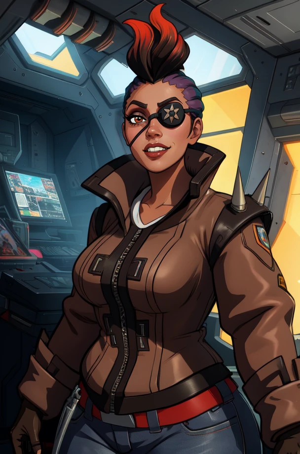 reyna, multicolored hair, eyepatch, mohawk, brown eyes,
brown jacket , zipper, gloves,
plump,
standing, upper body, smile,
cyberpunk, space pirate ship, indoors,
(insanely detailed, beautiful detailed face, masterpiece, best quality)
<lora:reyna-10:0.7>