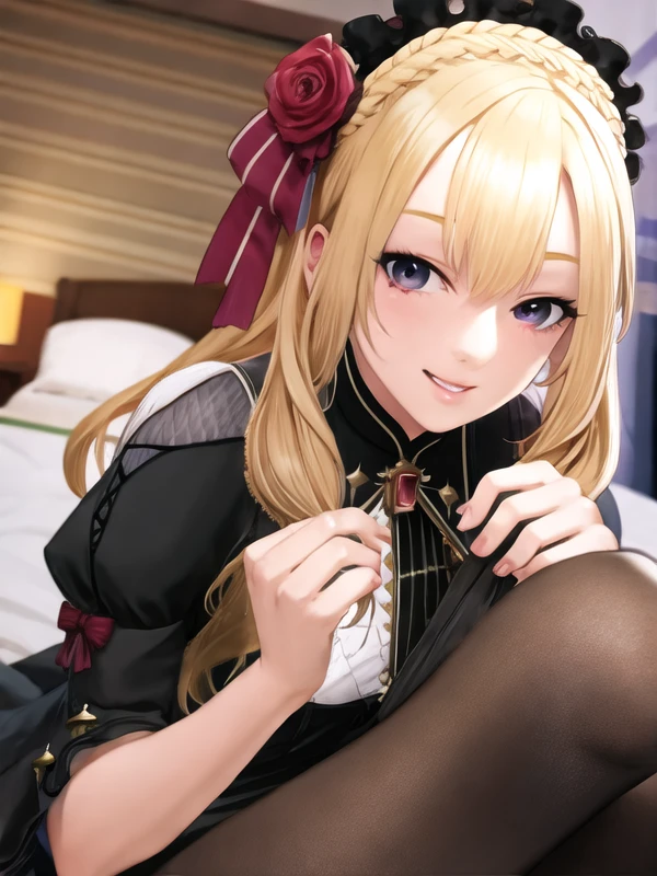 (hyper extreme detailed), (masterpeace), (hyper extreme), (photorealistic), CG, llustration, novel illustration, game cg,(large filesize:1),(doujin cover:0),(decensored:0),(nomal anatomy:1), (perfect anatomy:0), (good anatomy:1.0), (perfect body:0), (reproduced face:0),solo,1girl,indoors,(pregnant:0),(pussy:0),(cum in pussy:0),(impregnation:0),(ahegao smile:0),(completely nude:0),(nude:0), <lora:uzuki_kou_v1:1>uzuki_kou,blonde hair,clown,black dress,pantyhose,flat chest,braid,