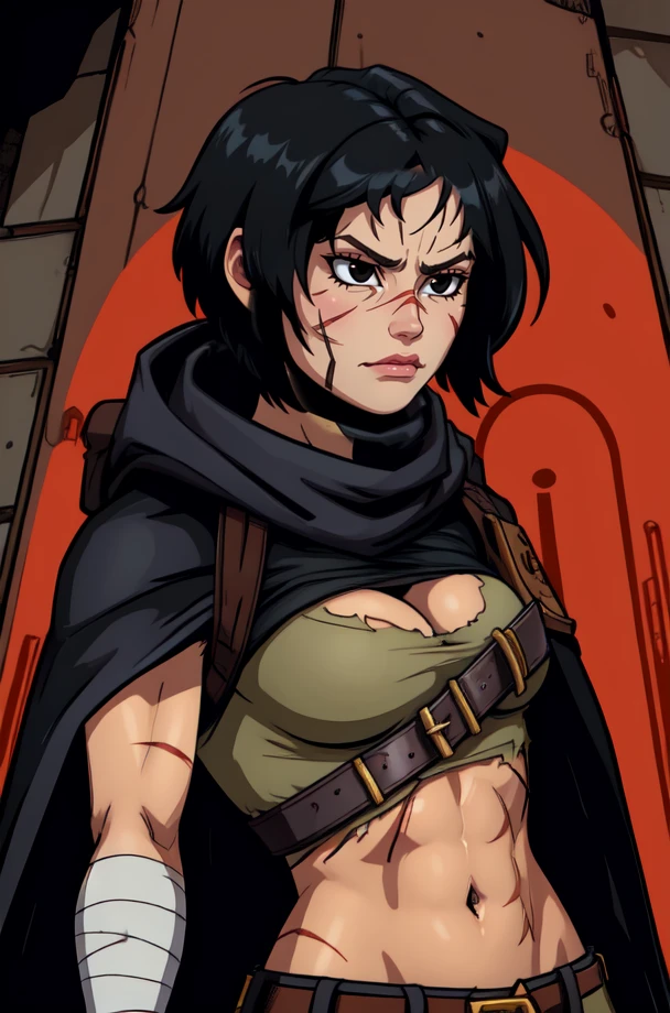 Rnway, black hair, short hair, scars, black eyes,
bandages, belt, torn clothes, cape, single glove, belt,
upper body, serious, standing, midriff peek, toned, cleavage,
woods, dark, solo,
(insanely detailed, beautiful detailed face, masterpiece, best quality)
<lora:Runaway-10:0.7>