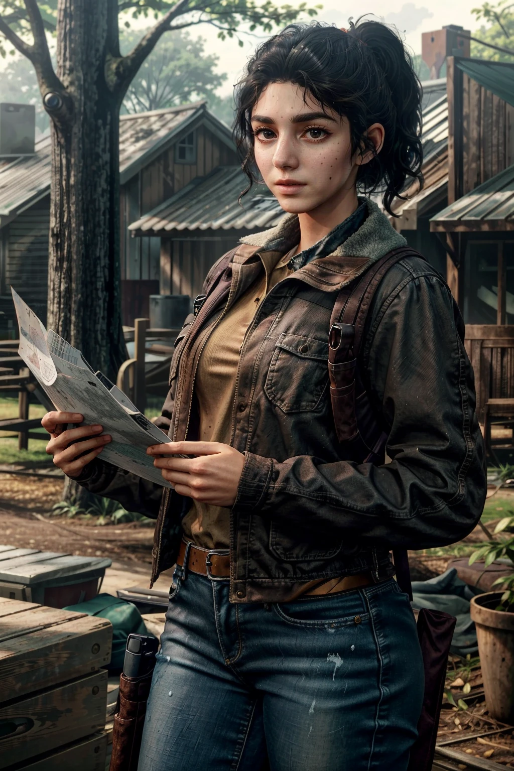 (masterpiece, best quality)
1girl, DinaTLOU2, solo, short hair, shirt, long sleeves, holding, standing, jacket, ponytail, weapon, black hair, brown eyes, cowboy shot, outdoors, pants, tree, black jacket, phone, knife, denim, jeans, paper, realistic, reading, holster, map
<lora:epi_noiseoffset2:1>  <lora:add_detail:0.7>   <lora:DinaTLOU2:0.9>