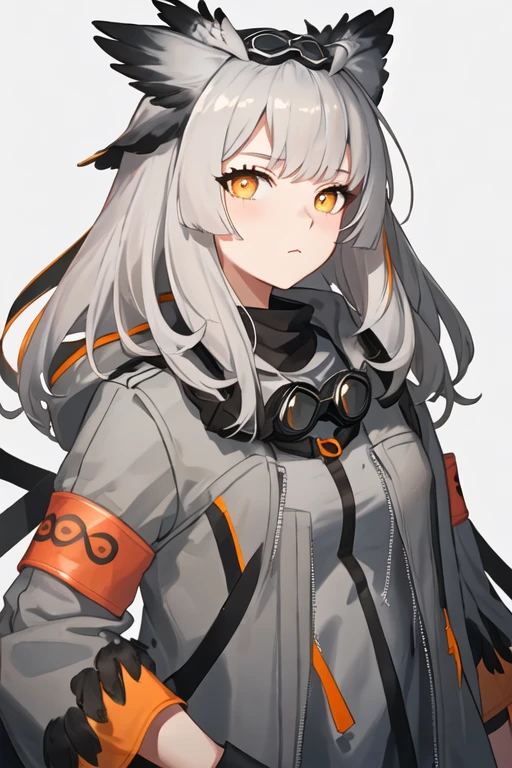 best quality, masterpiece, highres, solo, {ptilopsis_arknights:1.15}, bangs, owl_ears, long_hair, white_hair, orange_eyes, yellow_eyes, upper_body, grey_hair, closed_mouth, feather_hair, 1girl, goggles, goggles_around_neck, jacket, medium_hair, pointy_hair, portrait, grey_jacket, looking_at_viewer