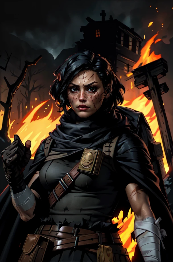 Rnway, black hair, short hair, scars, black eyes,,
bandages, belt, torn clothes, cape, single glove, belt,
standing, upper body,
woods, dark, darkest dungeon, flames in background, solo,
(insanely detailed, beautiful detailed face, masterpiece, best quality)
<lora:Runaway-10:0.7>