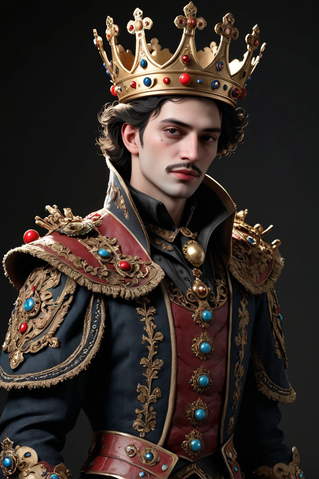(full body:1.4), hyperdetailed photorealistic character 3D, 1man, Masterpiece of an extraordinary Male character that defies convention, blending the playful spirit of a old (jester clown:0.8) with the mysterious allure of gothic culture, ruined make_up, tired face, peeling makeup, majestic king's armor suit, regally adorned with opulent fabrics and intricate details, reflecting their royal status. Atop their head, an elaborate crown enhances their regal presence. This character is a captivating fusion of whimsy, dark elegance, and majestic authority, (low contrast), soft shadow, cinematic, High_res, cyberpunk style, photo r3al, cyberpunk, (white background:1.7), photoshoot, black cyclo, award photography of European and American (hyper realistic:1.3) 3d game characters, 1person, 3D Character, AAA, standing, (full body:1.5), hero pose, casual proportions, intricate character design, hand-drawn drafts, hand-drawn appearance, sense of nostalgia, memorable look, consistent, coherent, captivating, (clear eyes:1.2), (highly detailled eyes:1.2), highly detailled hands, detailled floor, textured socle, dusty ground, intricate shoes, subsurface scattering, occlusion ambiant, ray tracing, hdr, arnold render, 4k, absurdres, hires, xgen, realistic hair, trending on artstation, master piece, intricate, simple darkgrey background, (black background:1.3), (rim lighting:0.3), realistic matte skin, skin texture visible, (sharp focus), (high quality), <lora:xl_more_art-full_v1:0.4>, <lora:br_max-000014:0.4>, shallow depth of field, vignette, highly detailed, high budget, bokeh, cinemascope, moody, epic, gorgeous, film grain, grainy, detailed skin texture, highly detailled fabrics, precise linen, precise bump textures, absurd res textures, high glossy, perfect reflection, intricate surfaces, subsurface scattering, ambiant occlusion, subtles scratchs, imperfections, soft shadow, insane detail, detailed stitches and sews, intricate leather, opulent fabrics